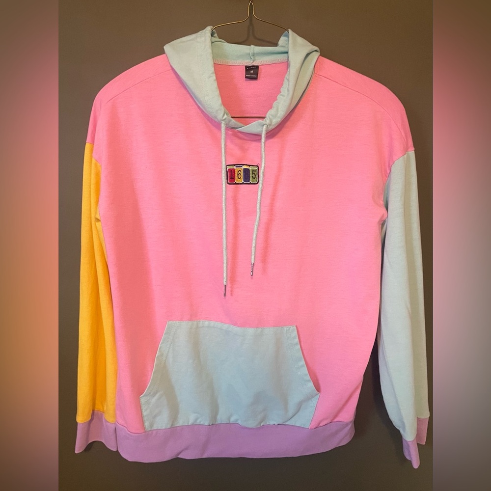 SHEIN Color Block Hoodie Long Sleeve T Shirt Pink Blue Multicolor Medium Unisex